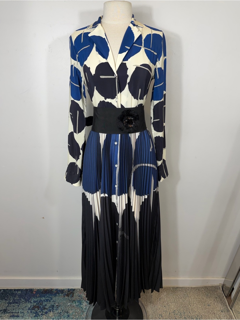 Sara Roka Blue Black Floral Pleated Maxi Shirt Dress Belt IT 42 US 6